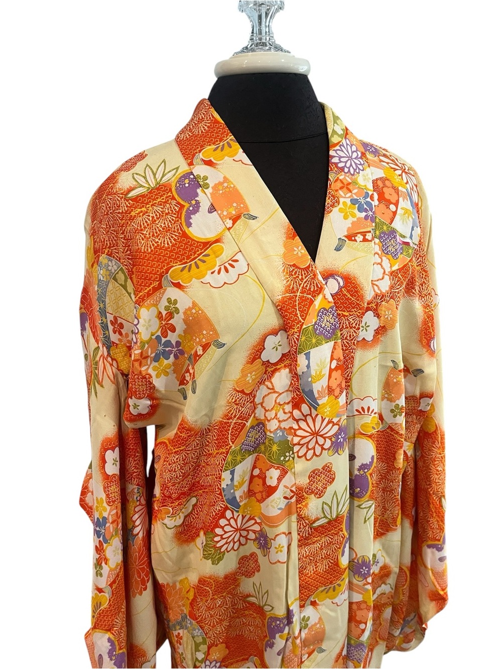 Vintage Handmade Japanese Kimono Kaftan Caftan Zip Lined Floral Orange XLarge - Picture 4 of 10